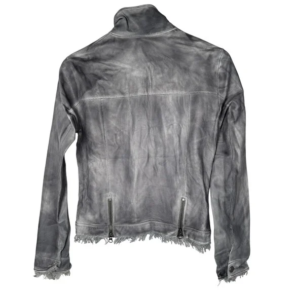 JKT NYC Womens Grey Genuine Leather Fringed Jacket Size XS 'Alexa‎ Patina' Moto